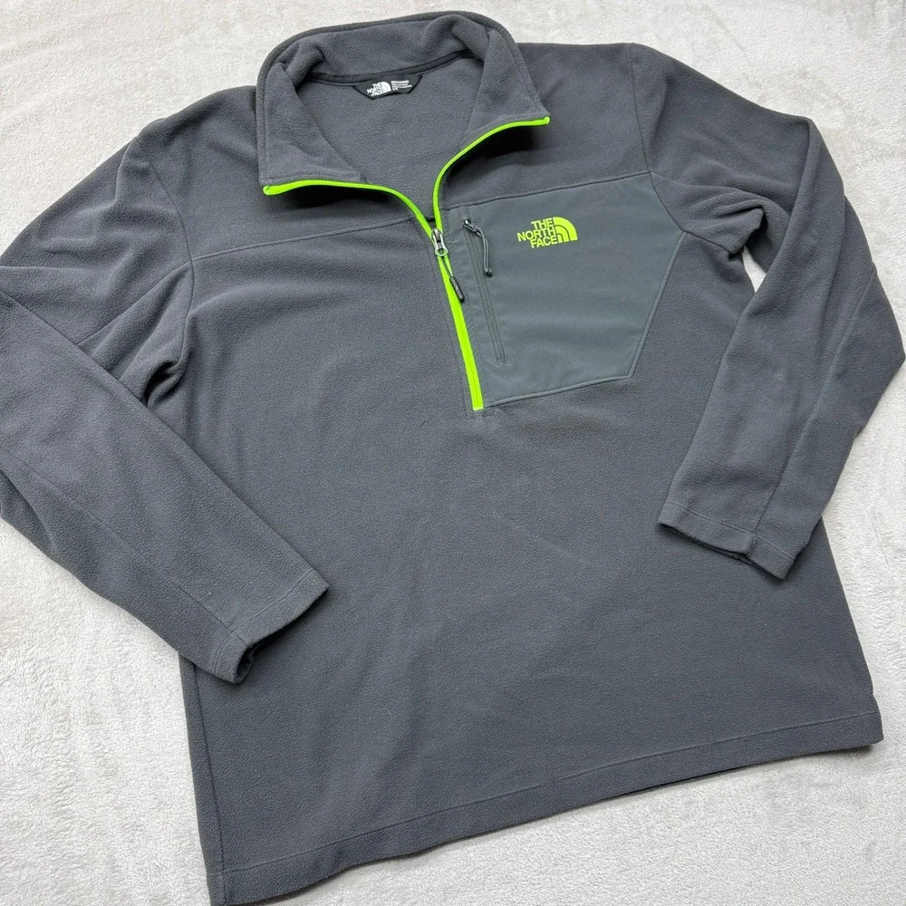 The North Face Pullover Mens Large‎ Grey Fleece Neon Green 1/4 Zip Outdoors